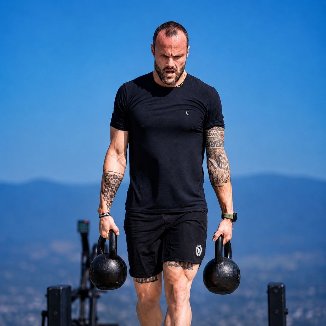 Atleta caminhando com kettlebells Cross Sports
